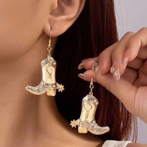 Gold Tone Rhinestone Cowboy Boot Dangle Earrings Western Theme Cowgirl Novelty